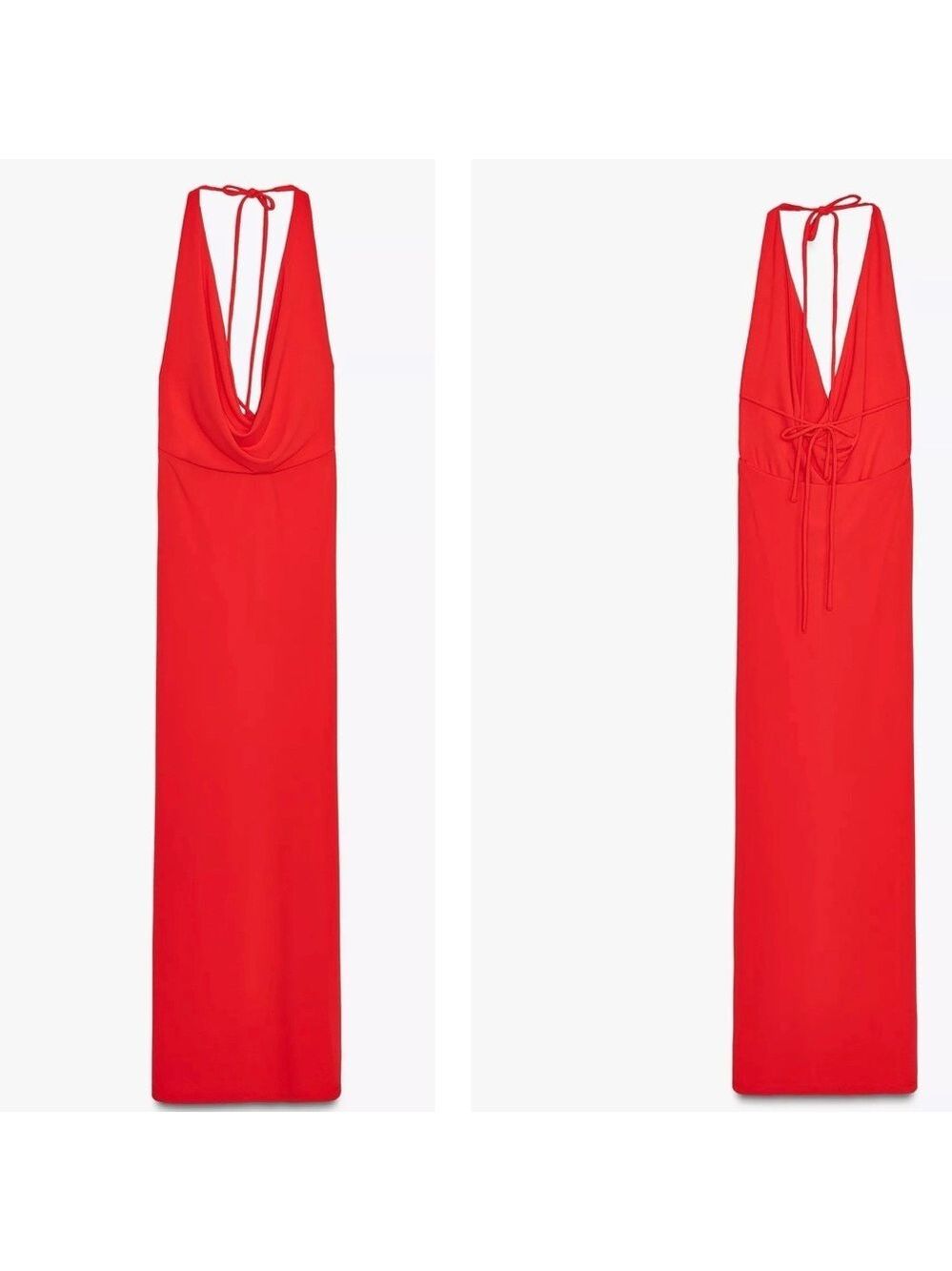 Zara Women's Red Draped Cowl Halter neck Maxi Dress open back Sz L NWT classy